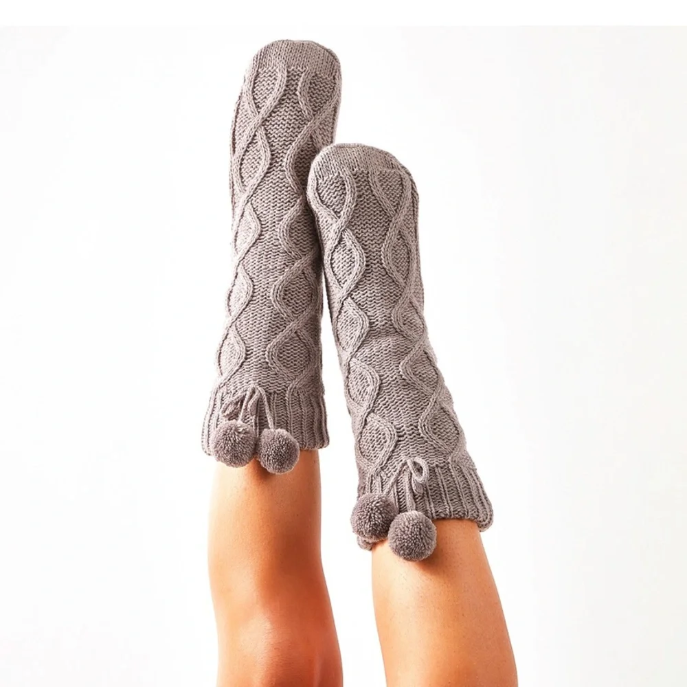 Muk Luks Gray Pom Pom Cabin Socks
